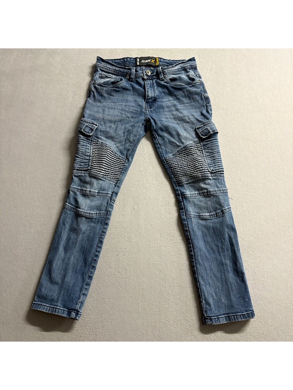 Raw X Moto Jeans Mens 30x30 Blue Denim Slim Fit Ribbed Biker Cargo Pants